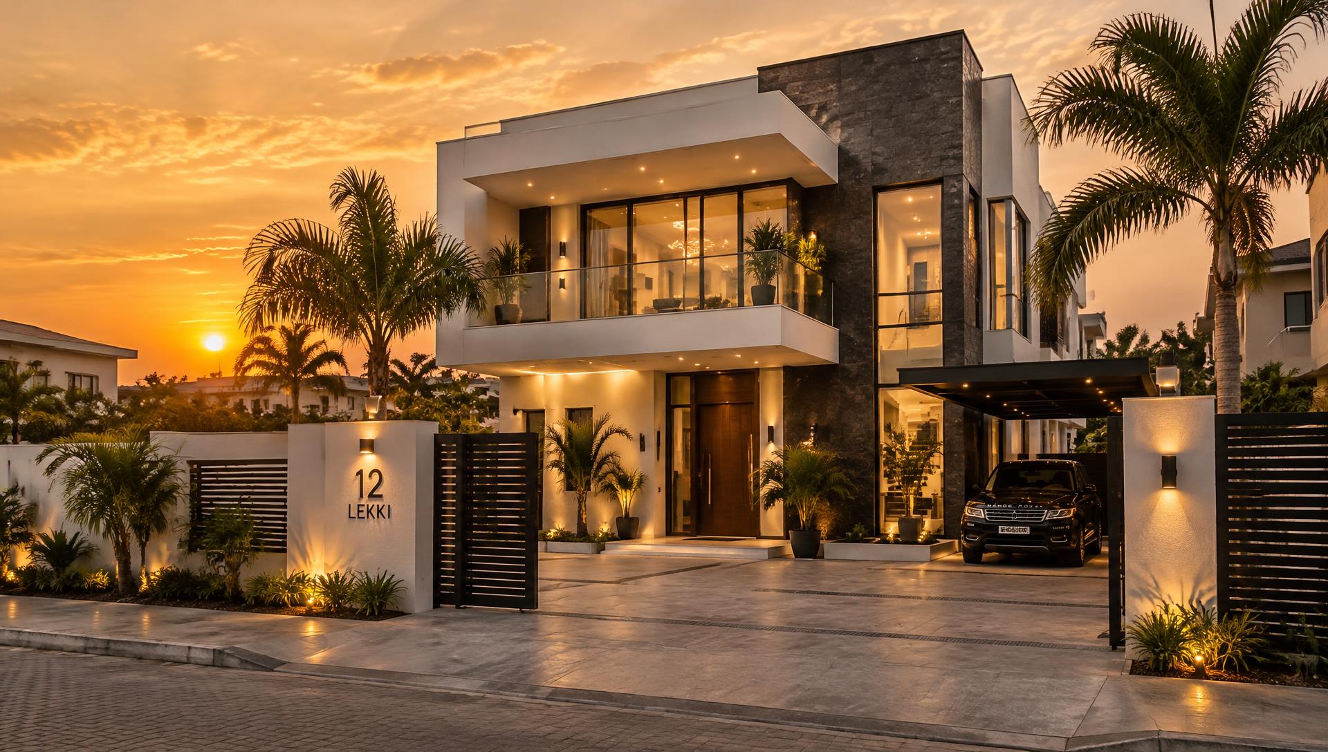 Luxury modern home in Lekki at sunset